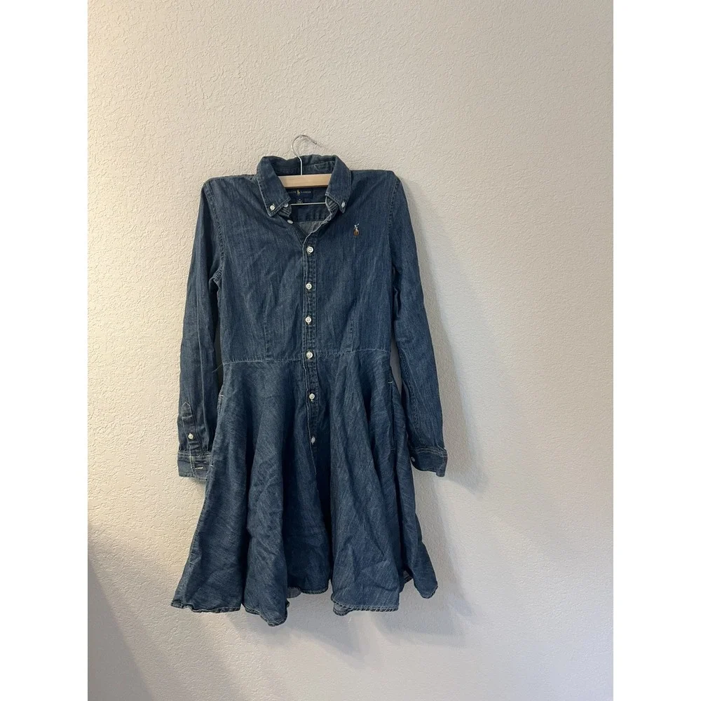 Ralph Lauren Girls Blue Jean Denim Button Down Dress A Line size 12